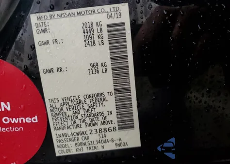 2019 Nissan Altima 2.5 Sr from USA, damaged, VIN 1N4BL4CW6KC238868